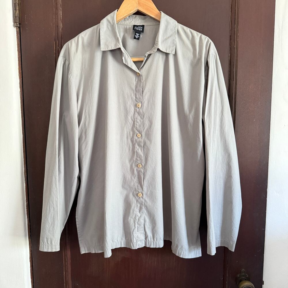 EILEEN FISHER | Gray Cotton Boxy Wide Sleeved Button Down Blouse | Medium